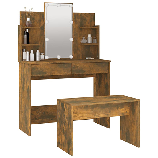 Gatik Wooden Dressing Table Set In Smoked Oak With LED Lights_3