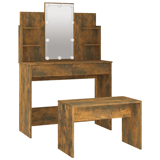 Gatik Wooden Dressing Table Set In Smoked Oak With LED Lights_4