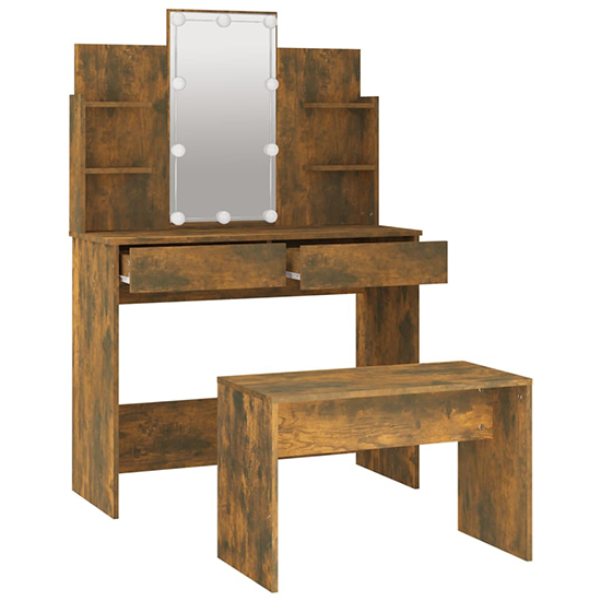Gatik Wooden Dressing Table Set In Smoked Oak With LED Lights_5