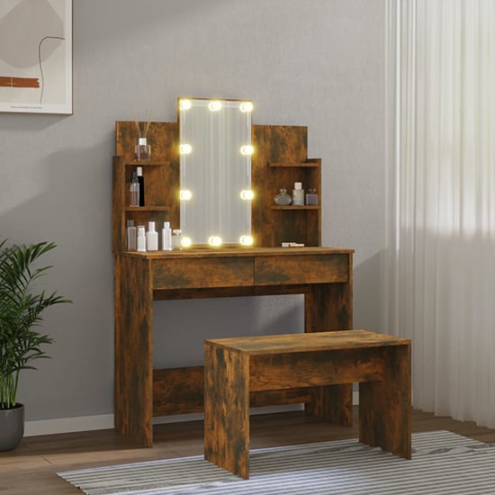 Gatik Wooden Dressing Table Set In Smoked Oak With LED Lights