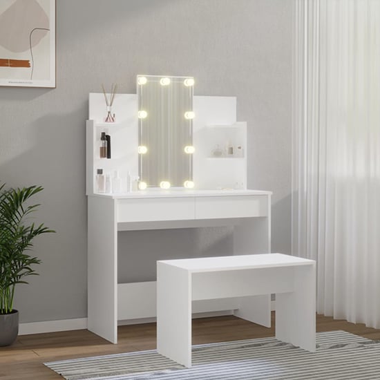 Gatik Wooden Dressing Table Set In White With LED Lights_1