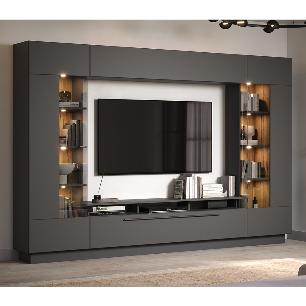 Gavina Wooden Entertainment Unit in Anthracite and Evoke Oak with LED