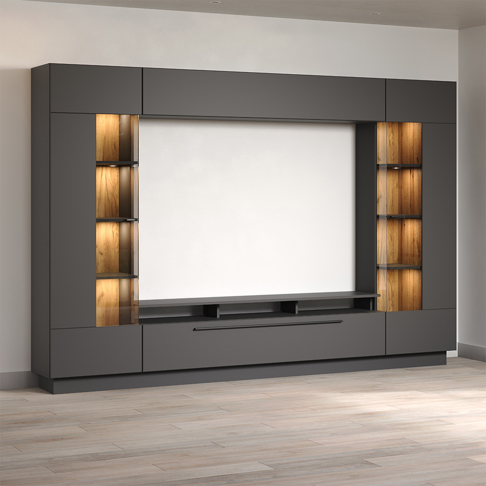 Gavina Wooden Entertainment Unit in Anthracite and Evoke Oak with LED