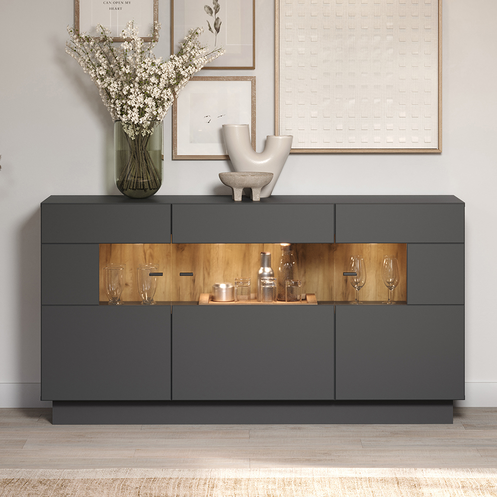Gavina Wooden Sideboard in Anthracite and Evoke Oak with LED