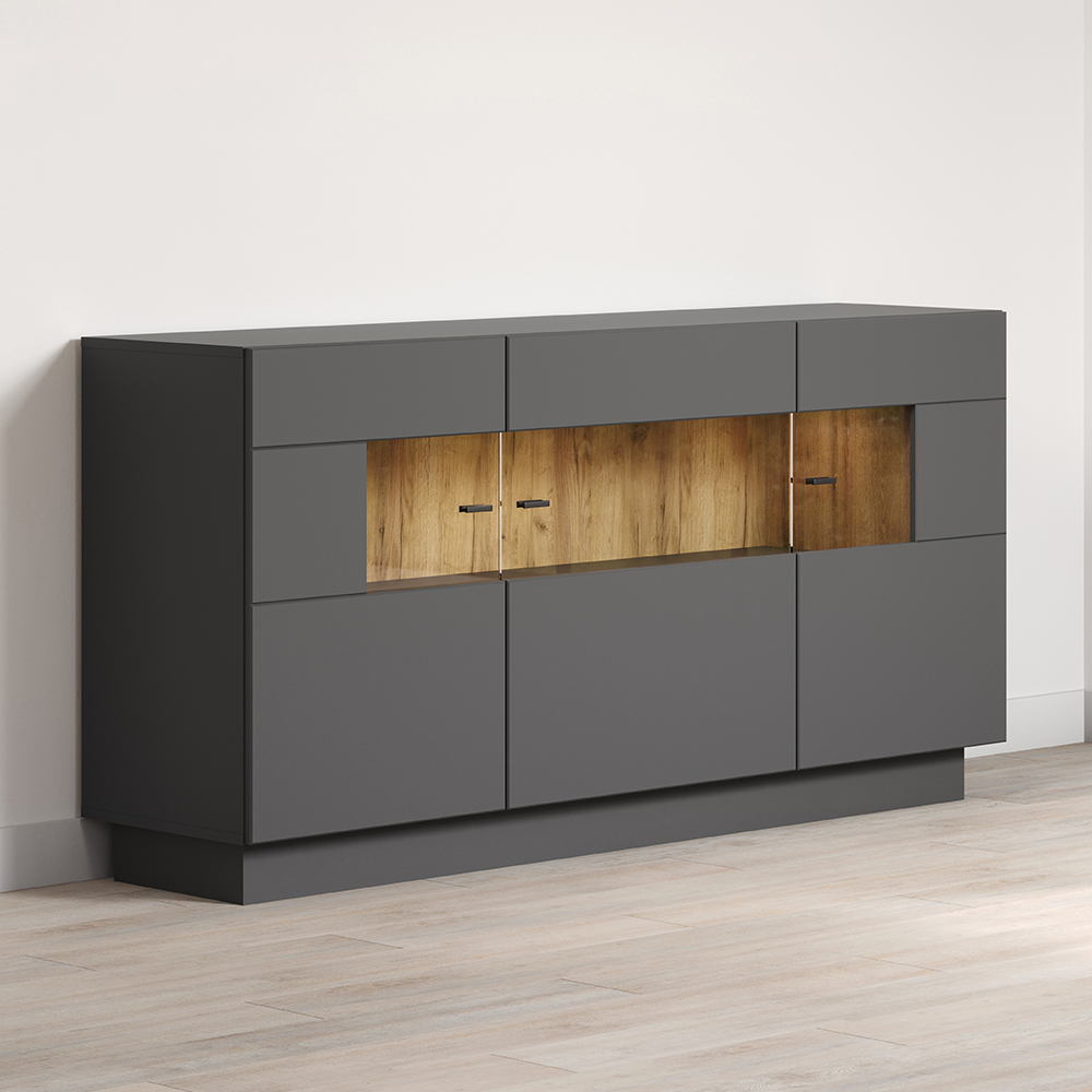 Gavina Wooden Sideboard in Anthracite and Evoke Oak with LED