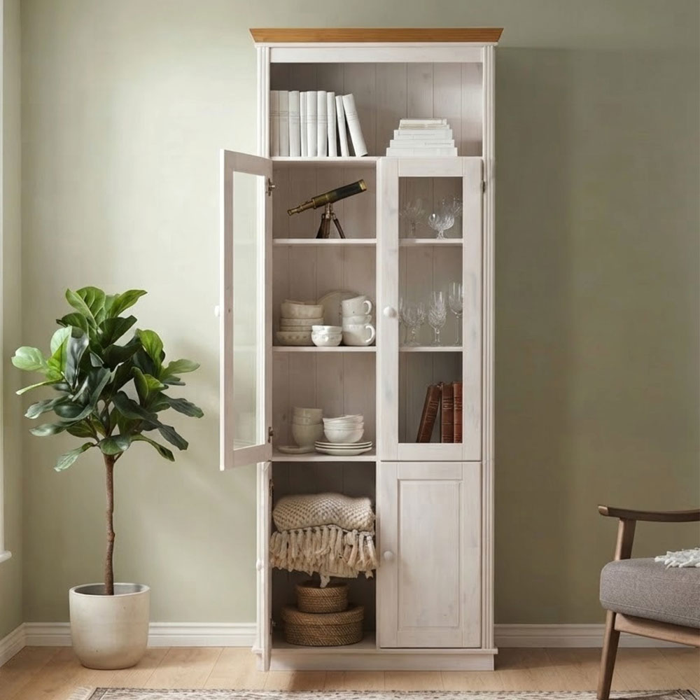 Gavrel Tall Wooden Display Unit with 4 Doors in White and Honey