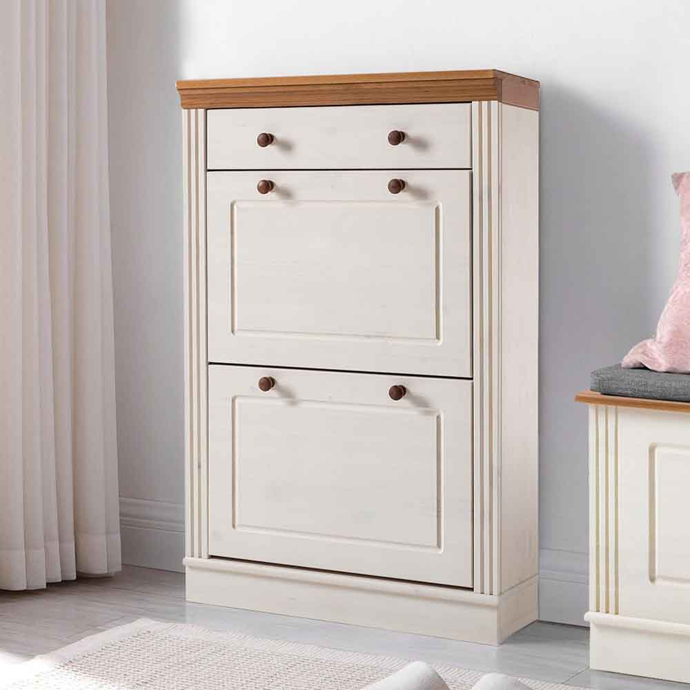 Gavrel Wooden Shoe Storage Cabinet with 2 Flap Doors in White and Honey