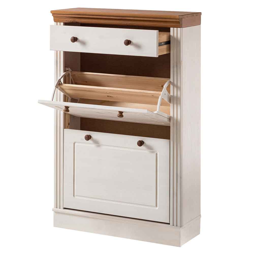 Gavrel Wooden Shoe Storage Cabinet with 2 Flap Doors in White and Honey