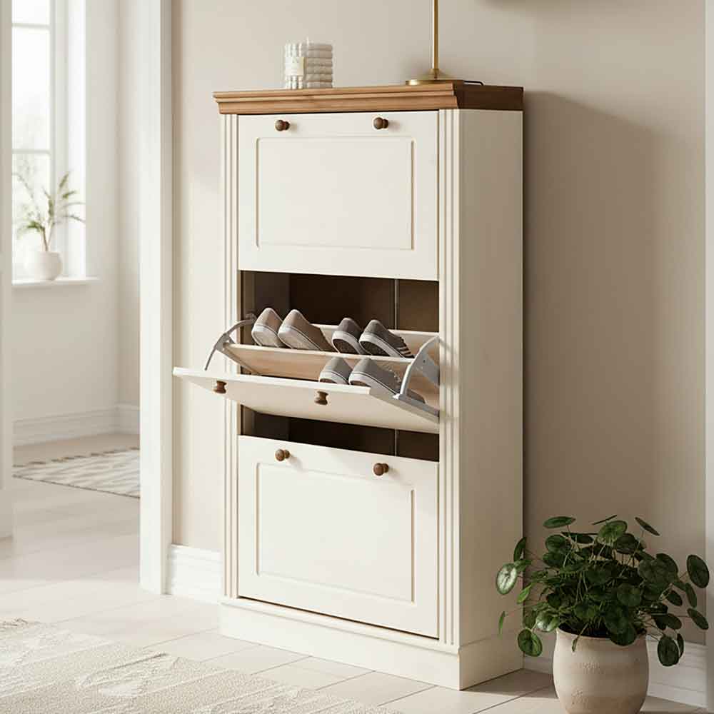 Gavrel Wooden Shoe Storage Cabinet with 3 Flap Doors in White and Honey