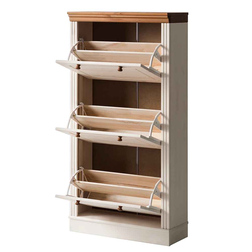 Gavrel Wooden Shoe Storage Cabinet with 3 Flap Doors in White and Honey