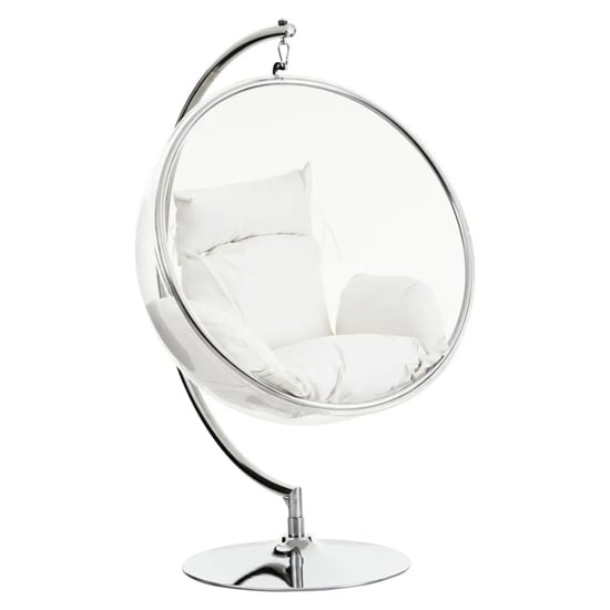 Photo of Gazit clear swing seat hanging chair with cream cushions