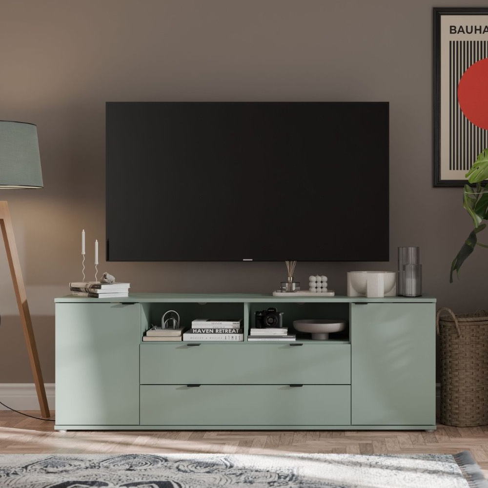 Gelion Large Wooden TV Stand with 2 Doors 2 Drawers in Sage Green
