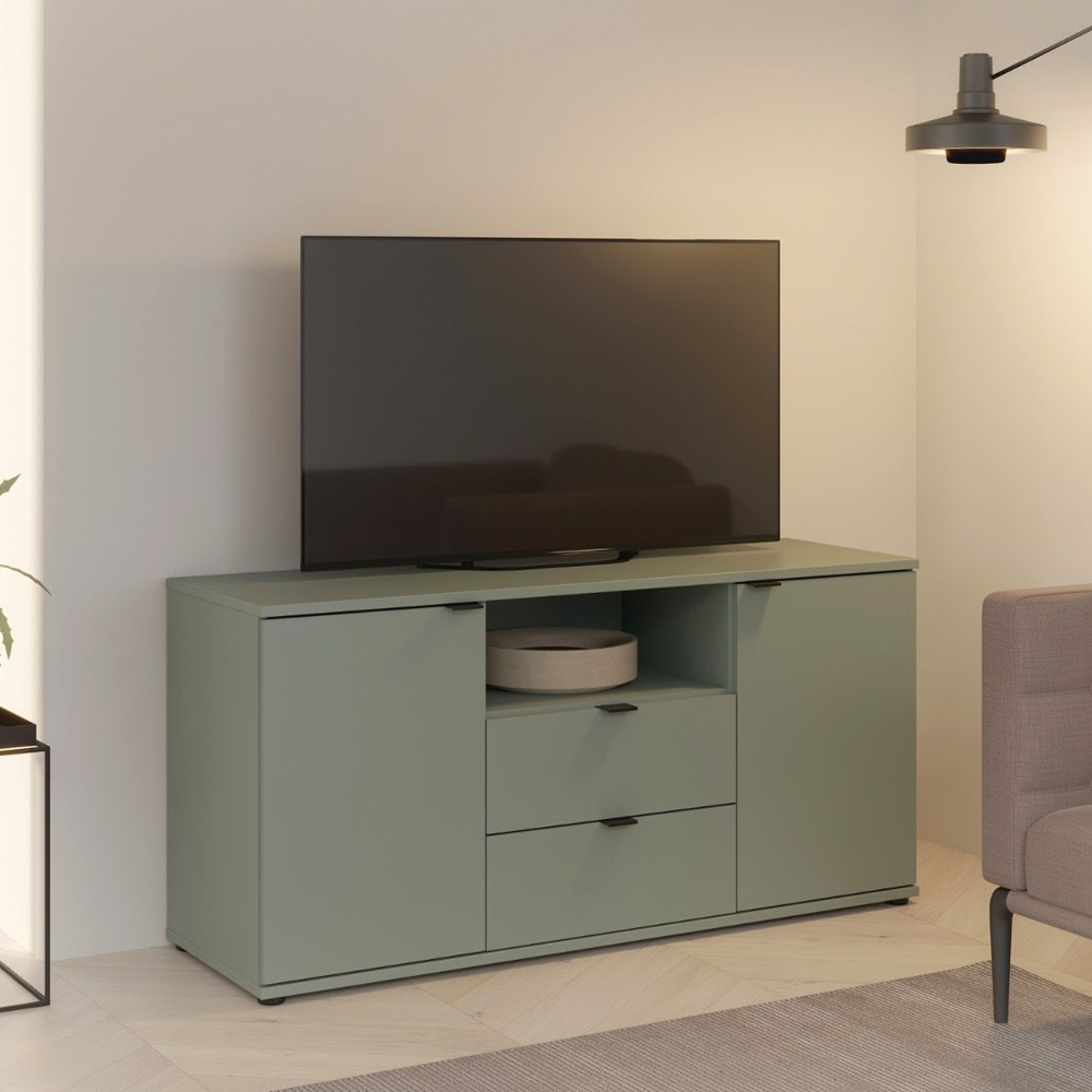 Gelion Small Wooden TV Stand with 2 Doors 2 Drawers in Sage Green