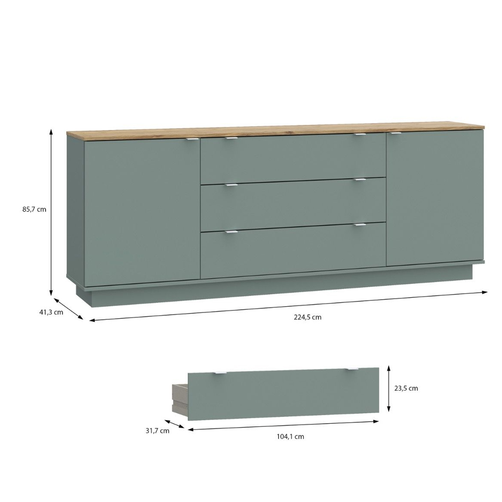 Gelion Wooden Sideboard with 2 Doors 3 Drawers in Mauvella Oak and Sage