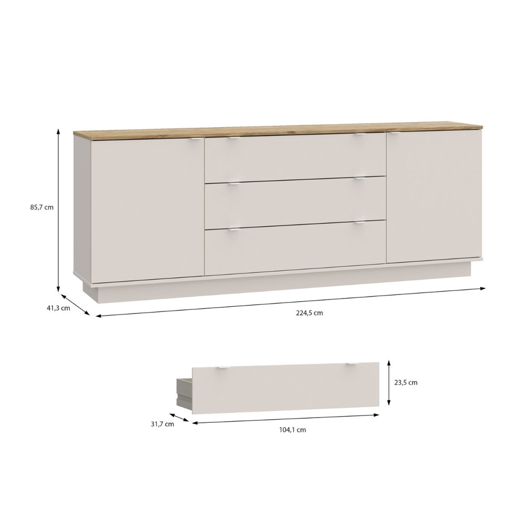 Gelion Wooden Sideboard with 2 Doors 3 Drawers in Mauvella Oak and Sand