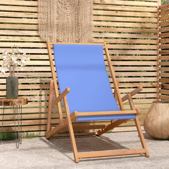 Product photograph of Gella Teak Wood Beach Folding Chair With Blue Fabric Seat from Furniture in Fashion