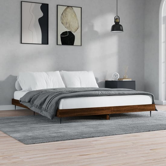 Product photograph of Gemma Wooden Double Bed In Brown Oak With Black Metal Legs from Furniture in Fashion