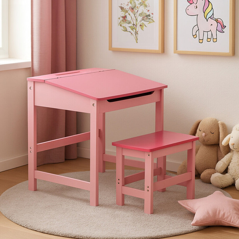 Genaro Wooden Children Table with Stool in Pink
