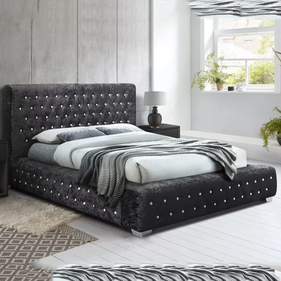 Geneva Fabric Double Bed In Black Crushed Velvet