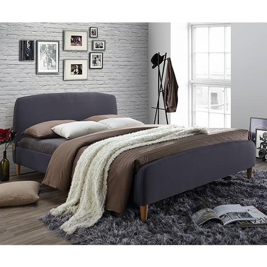 Geneva Fabric Double Bed In Dark Grey With Oak Wooden Legs