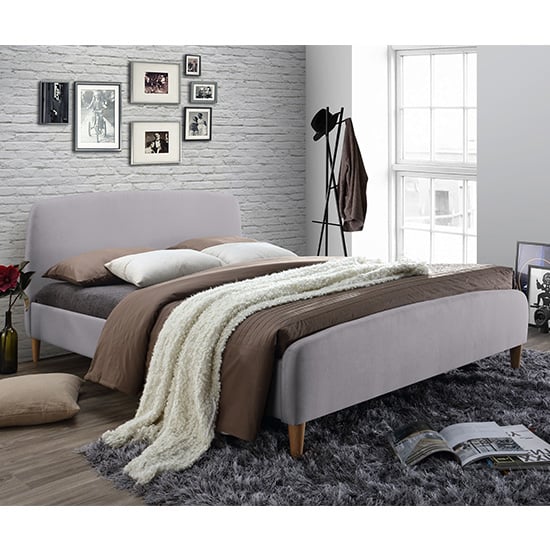 Read more about Geneva fabric double bed in light grey with oak wooden legs