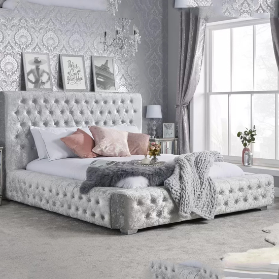 Geneva Fabric Double Bed In Steel Crushed Velvet