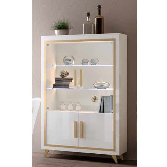 Product photograph of Geneva Gloss Display Cabinet 2 Doors In White And Gold With Led from Furniture in Fashion