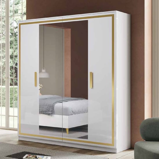 Product photograph of Geneva High Gloss Mirrored Wardrobe 4 Doors In White And Gold from Furniture in Fashion