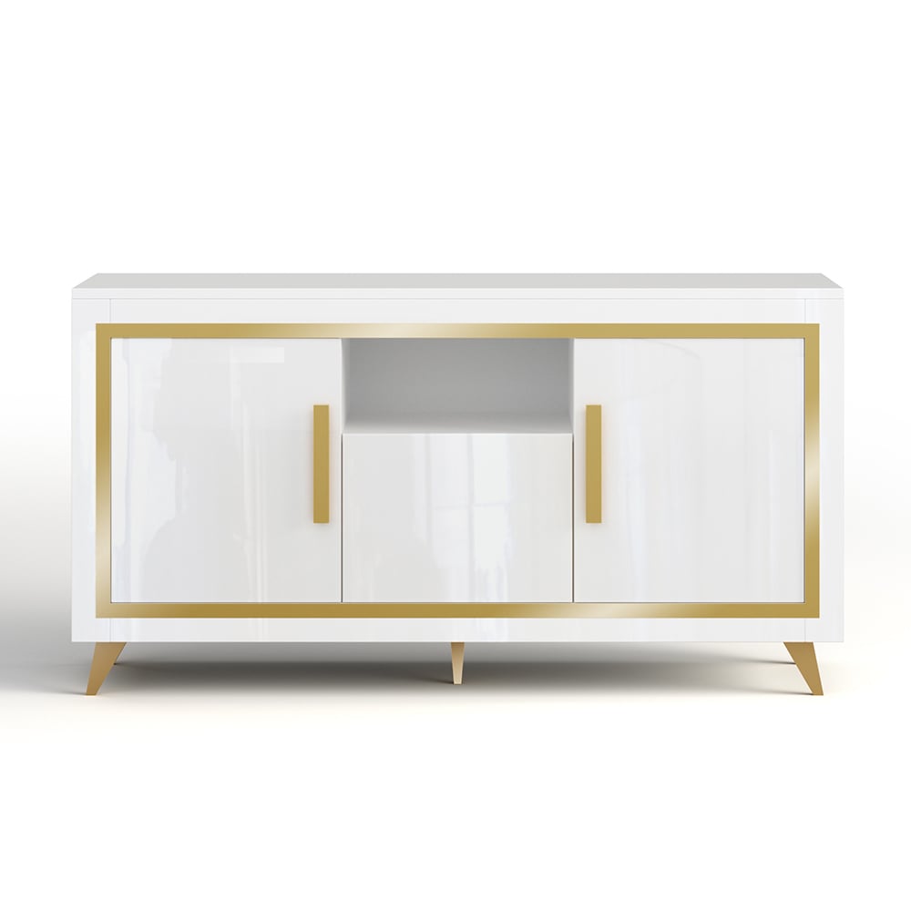 Geneva High Gloss Sideboard 3 Doors In White And Gold With LED