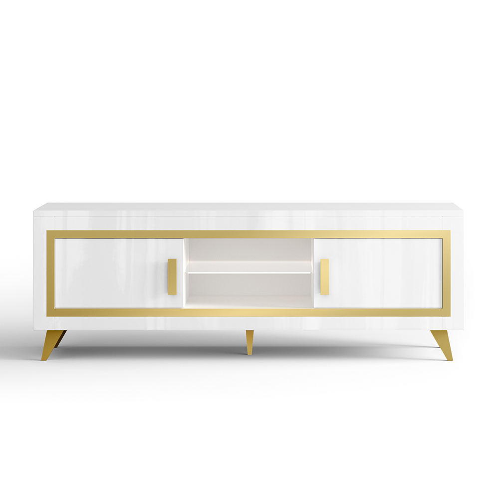 Geneva High Gloss TV Stand 2 Doors In White And Gold With LED