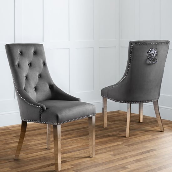 Product photograph of Geneva Lion Head Grey Velvet Dining Chairs In Pair from Furniture in Fashion