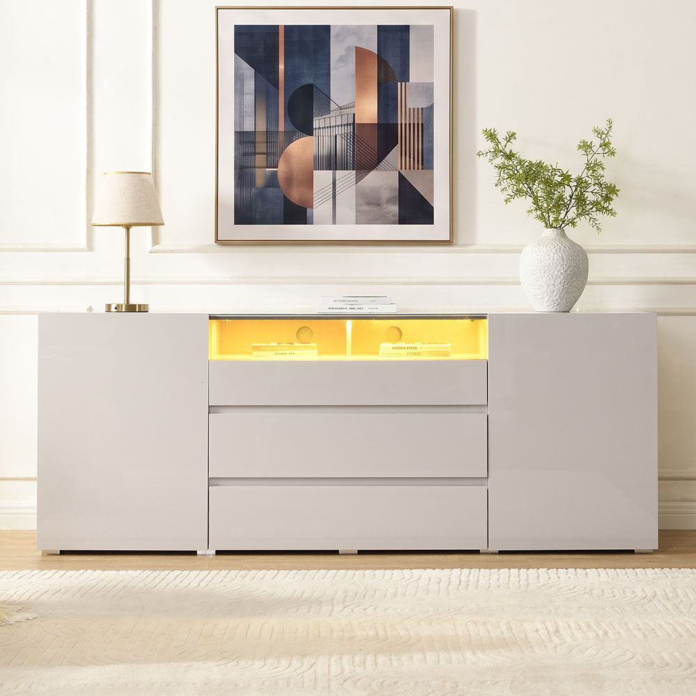 Genie Wide High Gloss Sideboard with 2 Doors 3 Drawers in Cashmere and LED