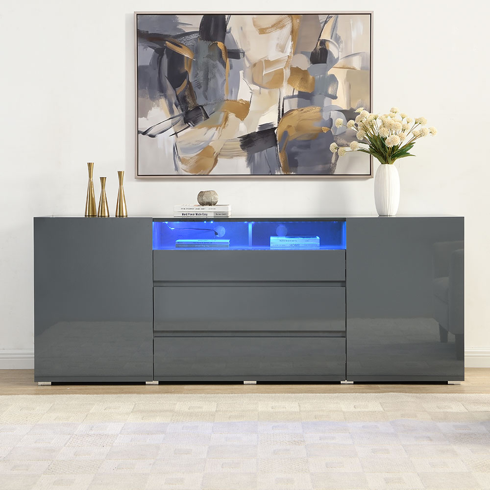 Genie Wide High Gloss Sideboard with 2 Doors 3 Drawers in Strada Grey and LED