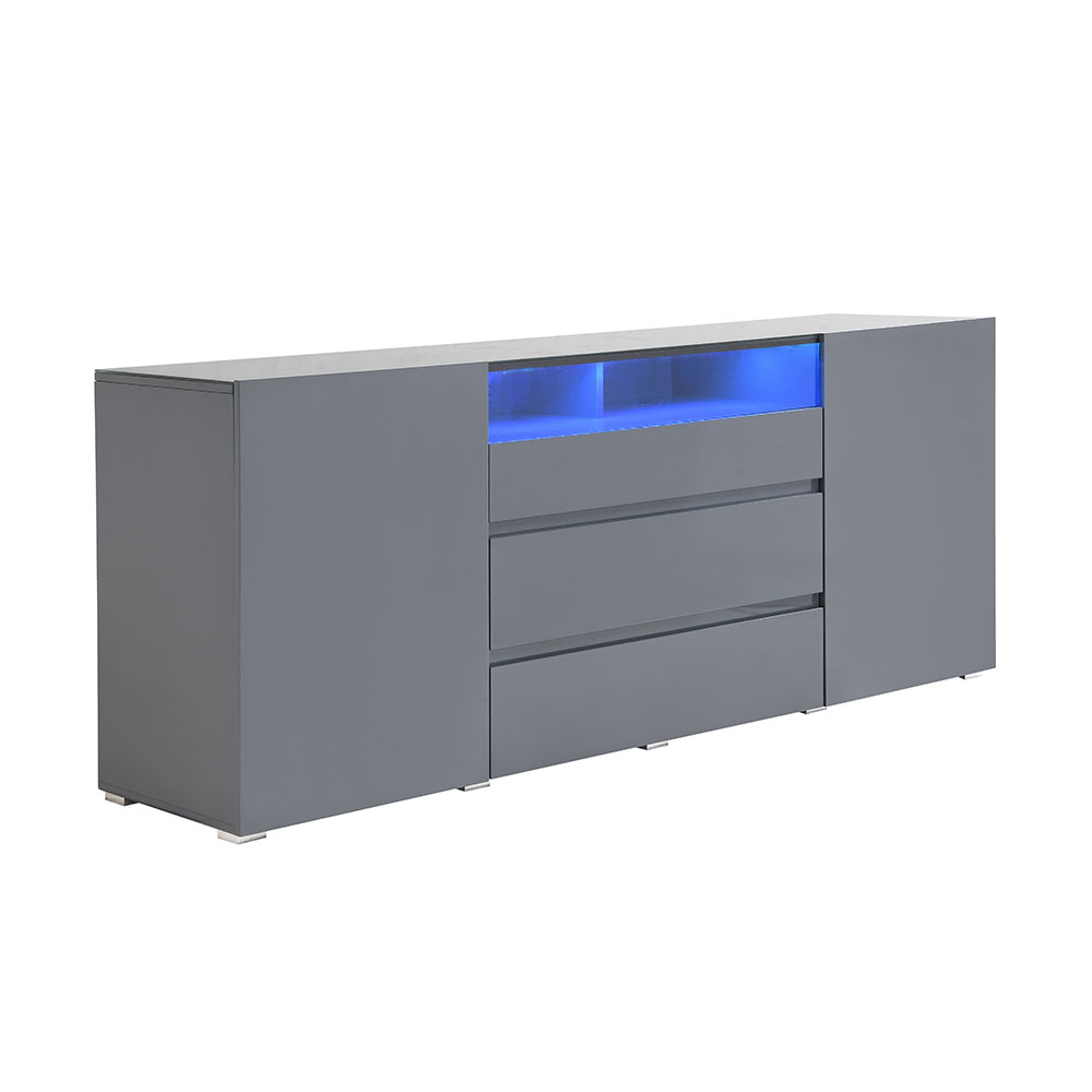 Genie Wide High Gloss Sideboard with 2 Doors 3 Drawers in Strada Grey and LED