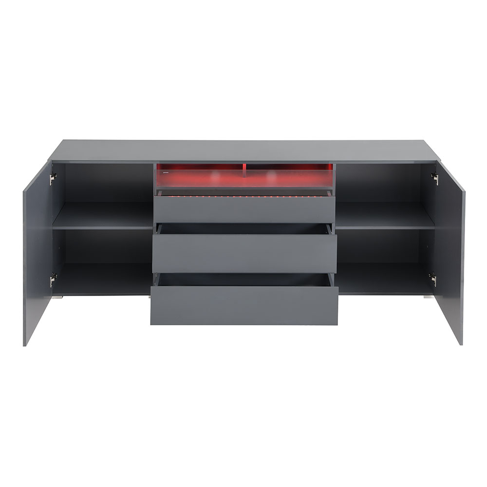 Genie Wide High Gloss Sideboard with 2 Doors 3 Drawers in Strada Grey and LED