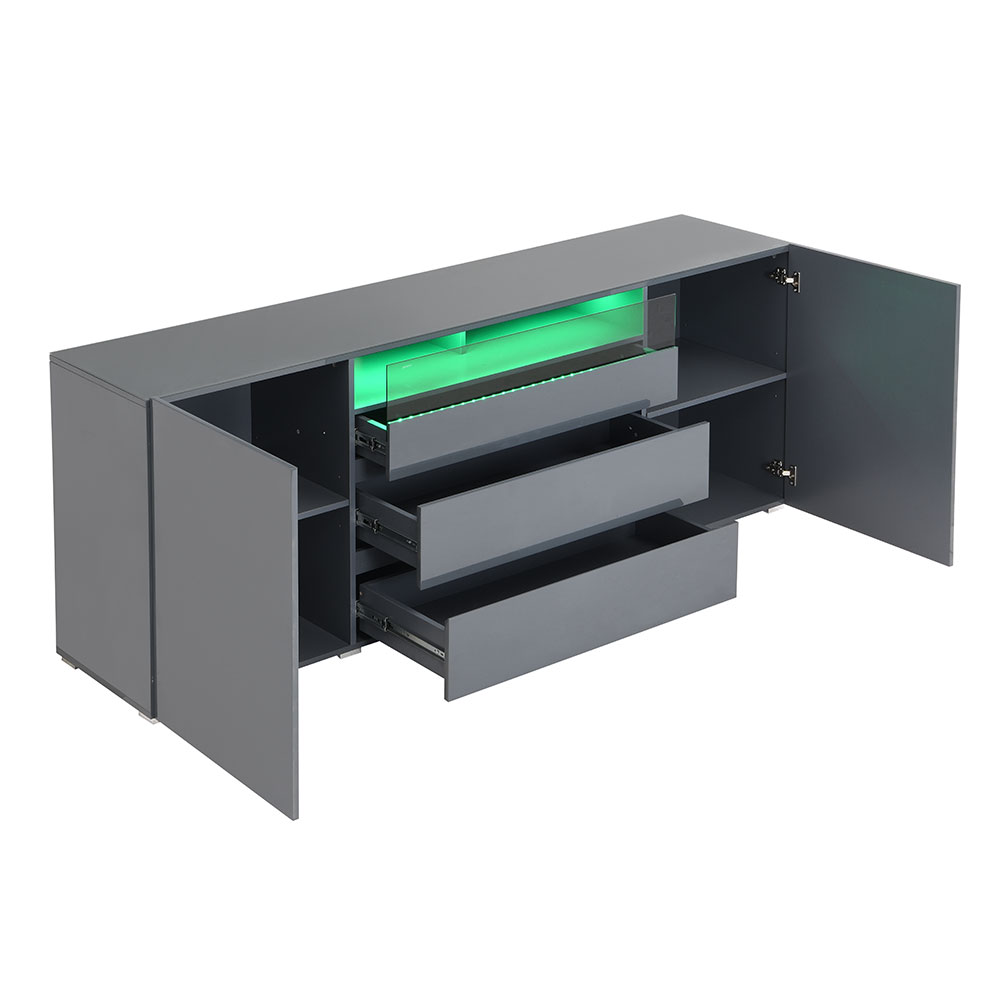 Genie Wide High Gloss Sideboard with 2 Doors 3 Drawers in Strada Grey and LED