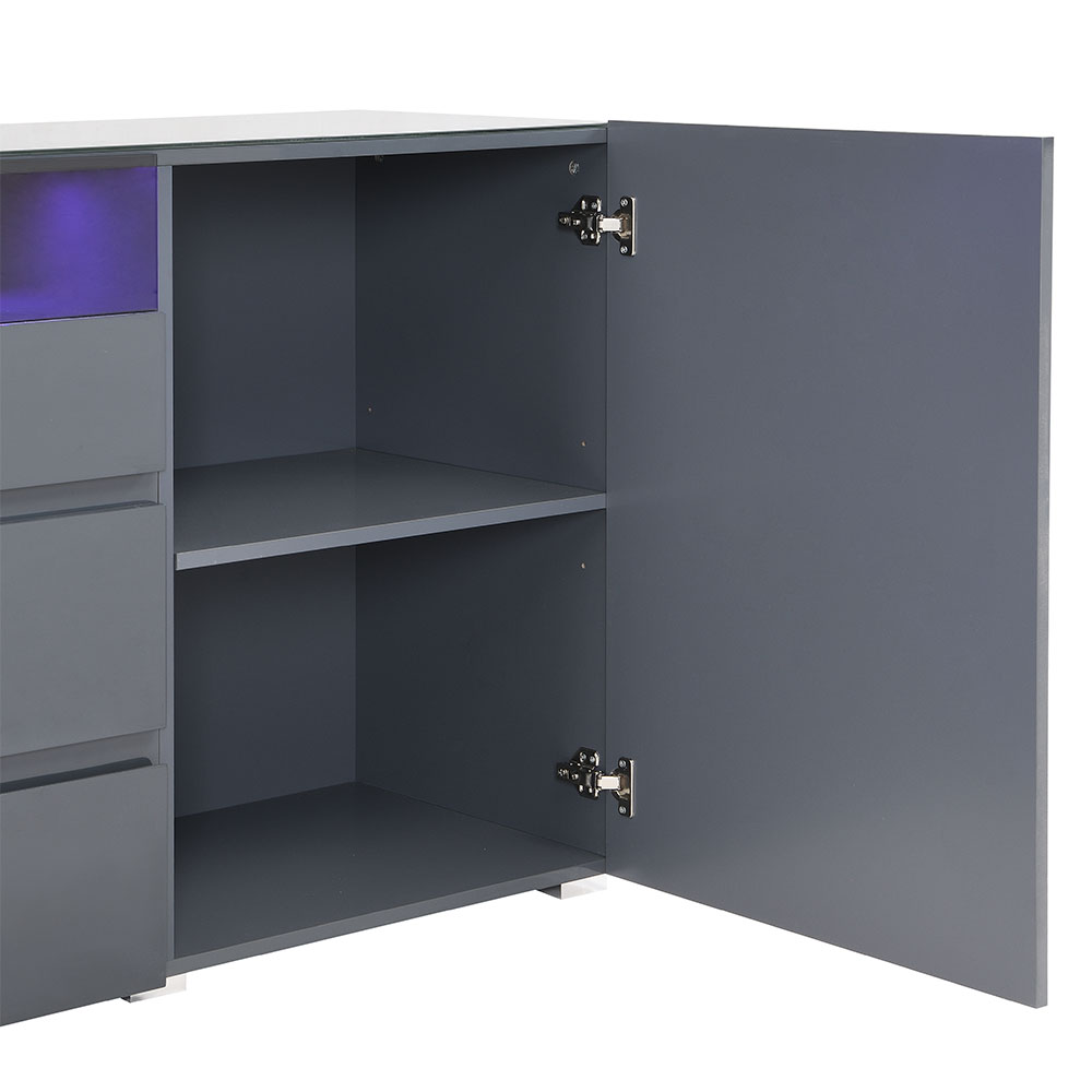 Genie Wide High Gloss Sideboard with 2 Doors 3 Drawers in Strada Grey and LED