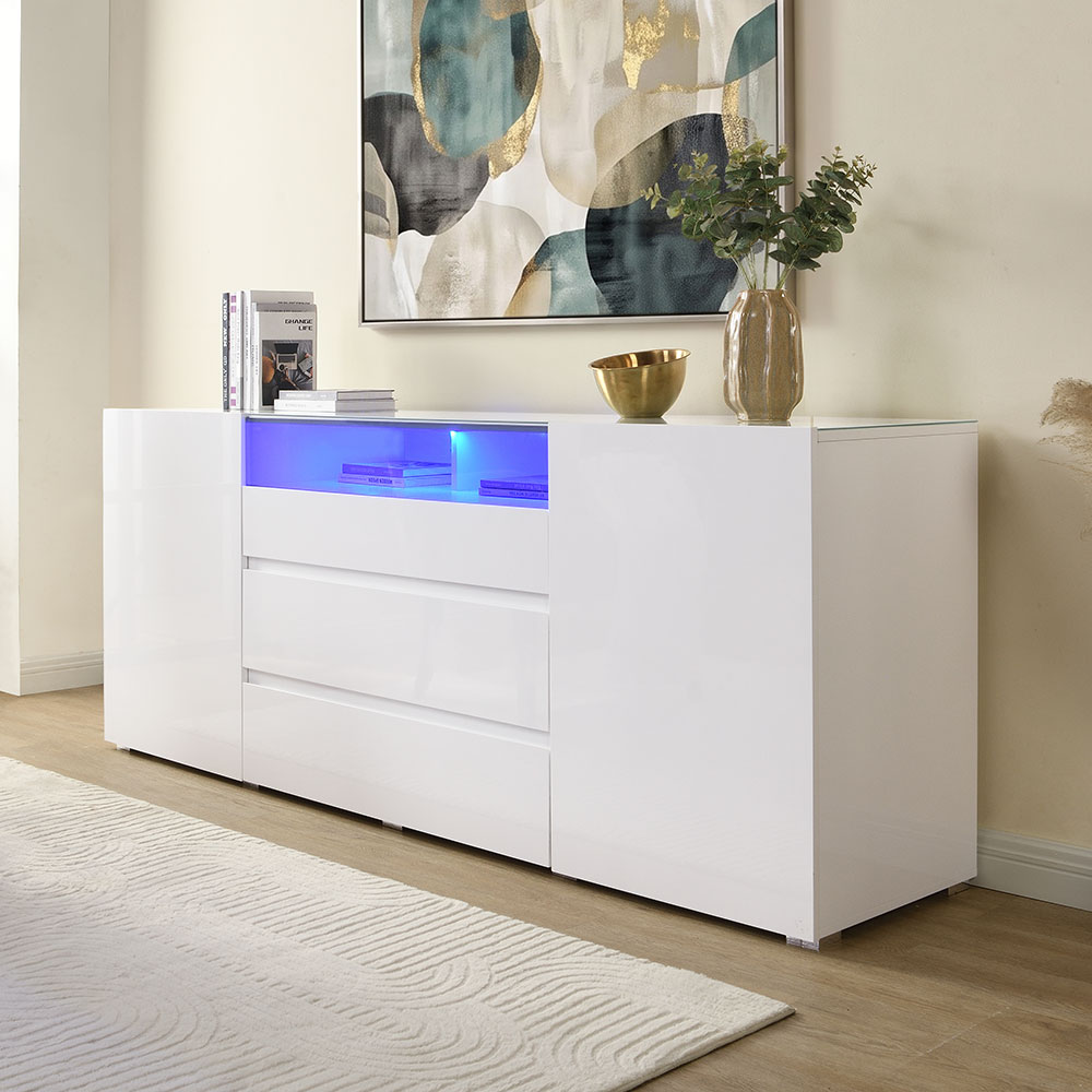 Genie Wide High Gloss Sideboard with 2 Doors 3 Drawers in White and LED