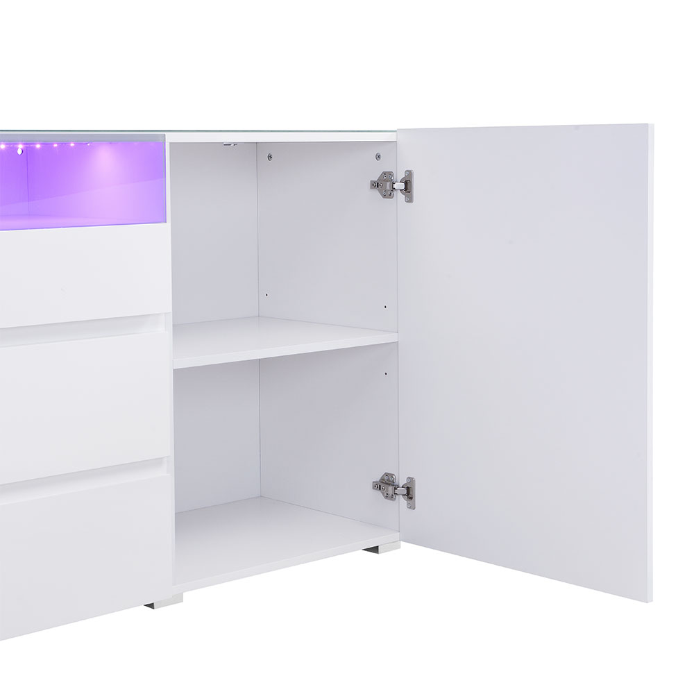 Genie Wide High Gloss Sideboard with 2 Doors 3 Drawers in White and LED