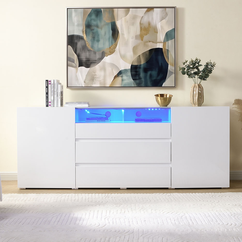 Genie Wide High Gloss Sideboard with 2 Doors 3 Drawers in White and LED