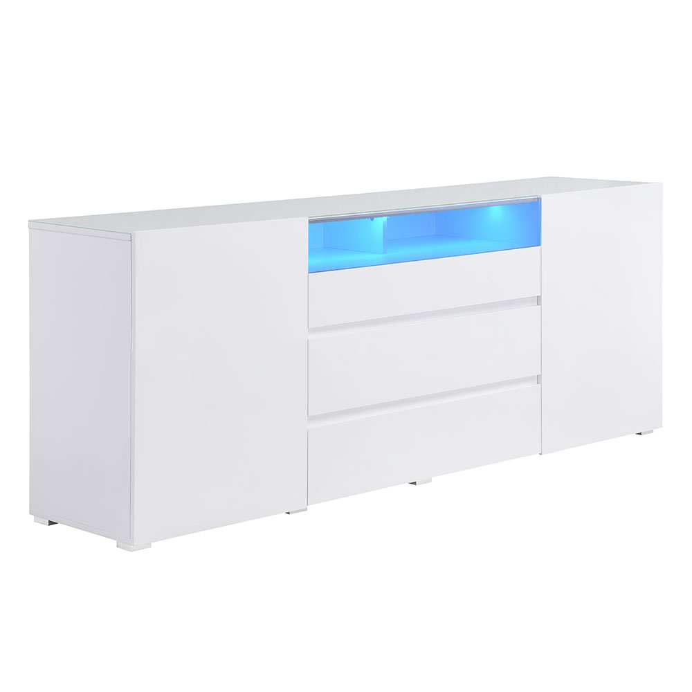 Genie Wide High Gloss Sideboard with 2 Doors 3 Drawers in White and LED