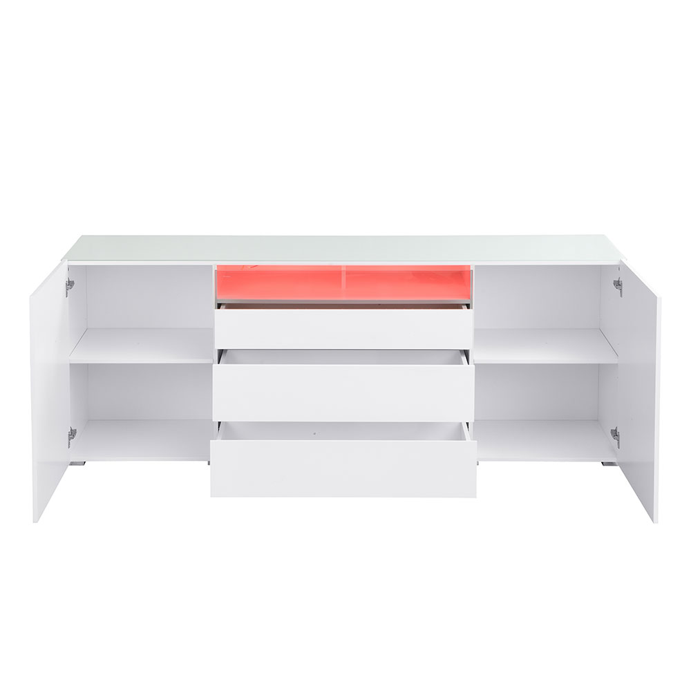 Genie Wide High Gloss Sideboard with 2 Doors 3 Drawers in White and LED