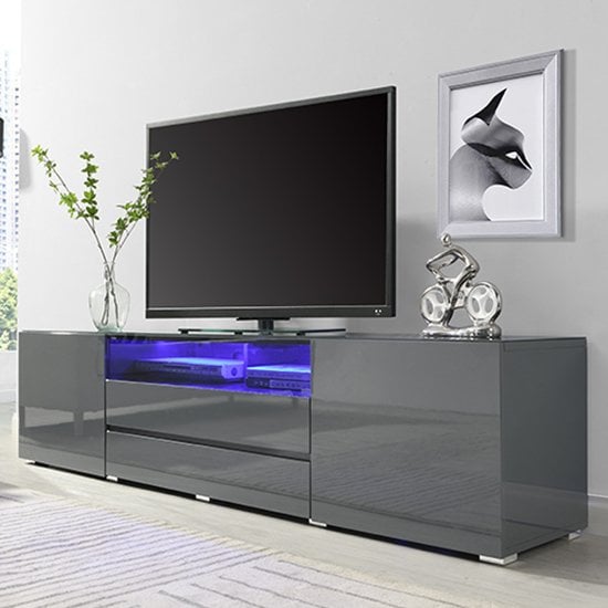 Product photograph of Genie Wide High Gloss Tv Stand In Grey With Led Lighting from Furniture in Fashion
