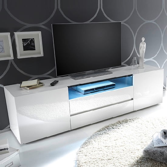 View Genie tv stand in high gloss white with 2 drawers and led