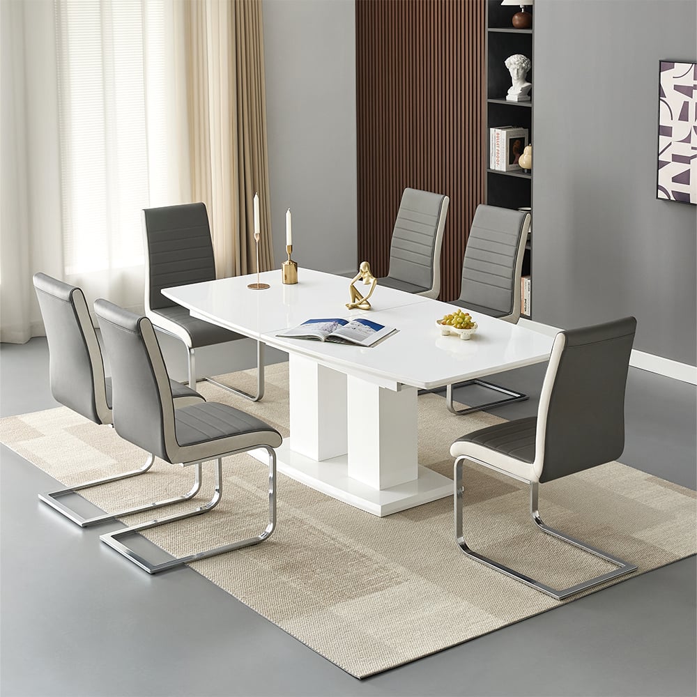 Genisimo Large Gloss Extending Dining Table 6 Symphony Grey Chairs