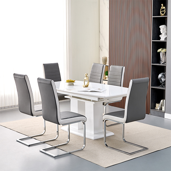Read more about Genisimo large gloss extending dining table 6 symphony grey chairs