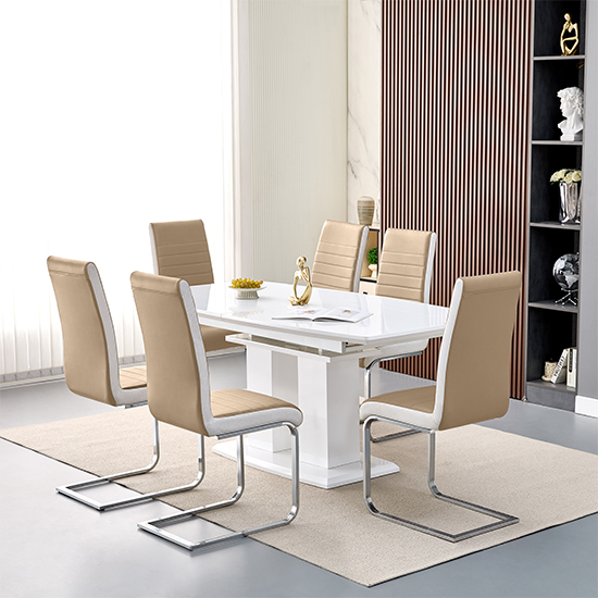 Read more about Genisimo large gloss extending dining table 6 symphony taupe chairs