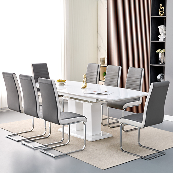 Read more about Genisimo large gloss extending dining table 8 symphony grey chairs