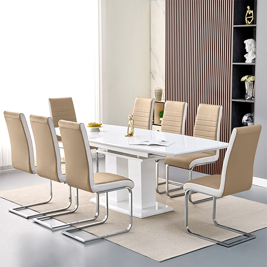 Read more about Genisimo large gloss extending dining table 8 symphony taupe chairs