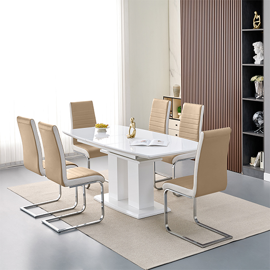 Read more about Genisimo small gloss extending dining table 6 symphony taupe chairs